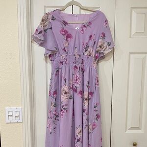 Lavender Floral Smocked Midi Dress